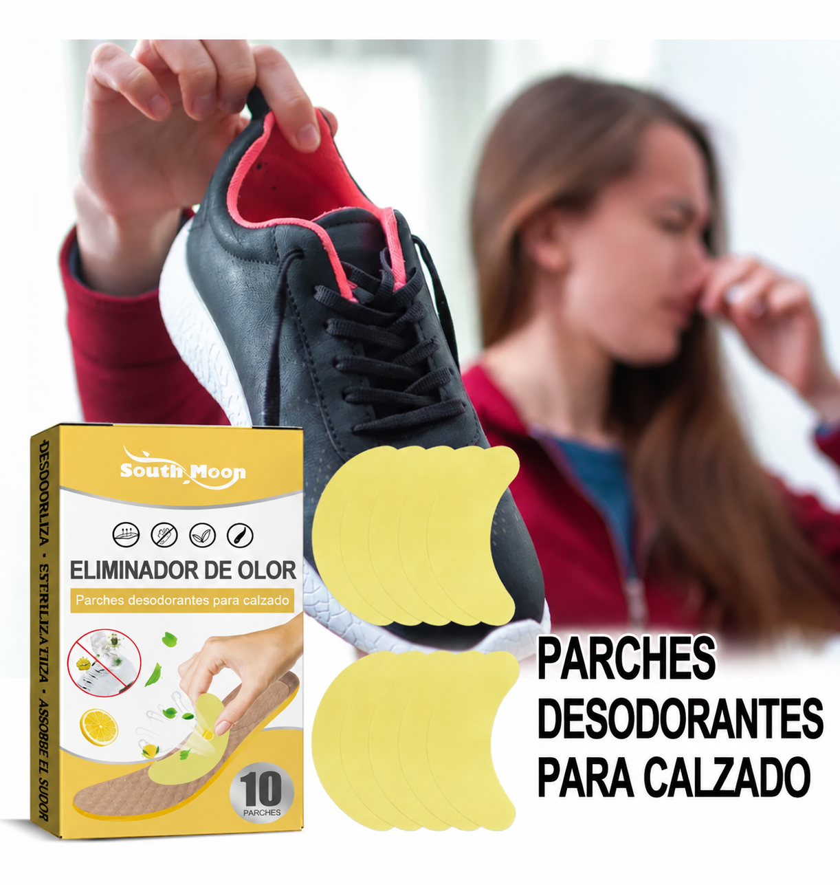Parches adhesivos para ayudar a controlar el mal olor de tus zapatos. Retira el protector y colócalos sobre la plantilla