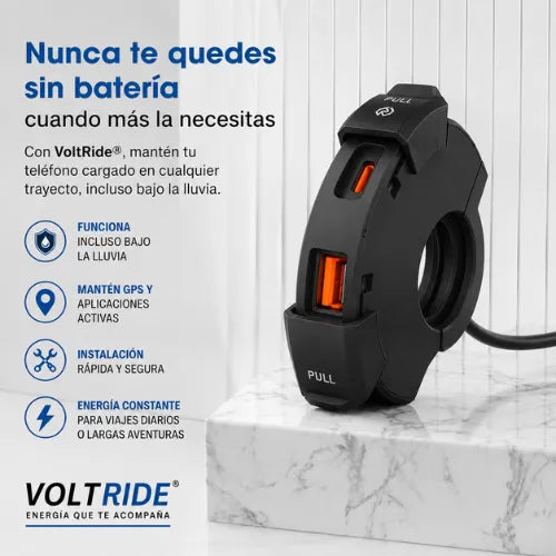 Carga tu celular en la moto mientras conduces, sin preocuparte por la lluvia.